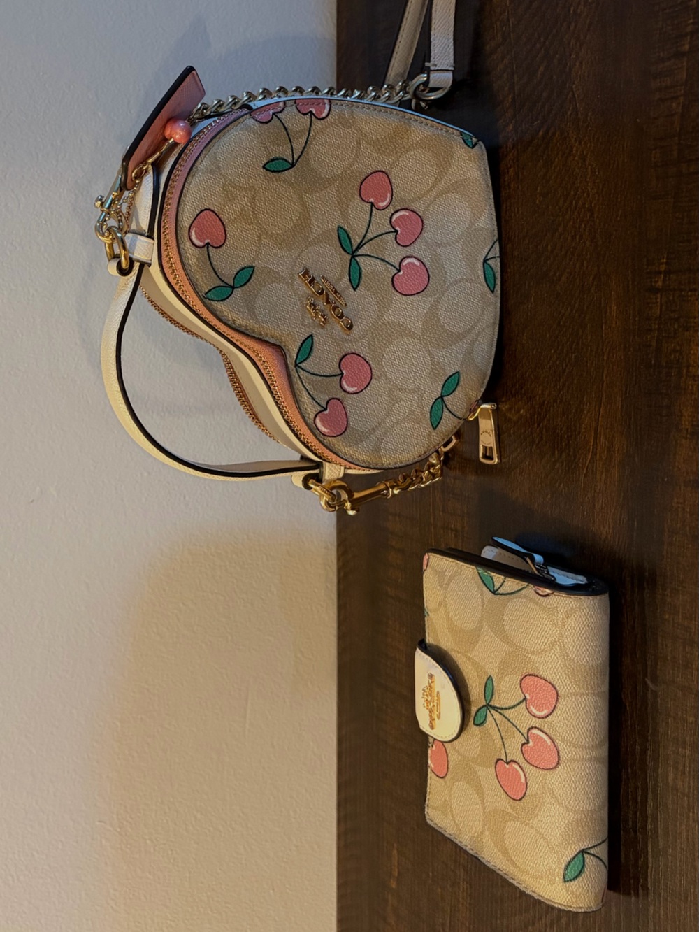 Coach Cherry Print Heart Bag + Matching Wallet 2-Piece Bundle